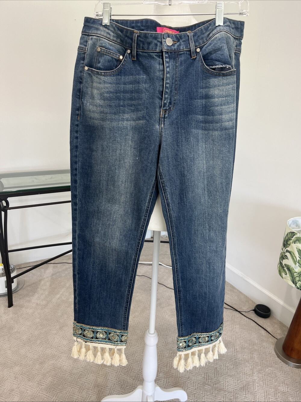 Women Size 12 Crop Jeans Tassel Hem Boho Stretch Festival Shimmer Global Unique